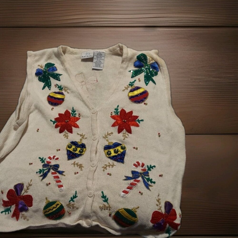 Vintage Bobbie Brooks Ugly Christmas Sweater Vest Womens‎ XL Beaded Embroidered
